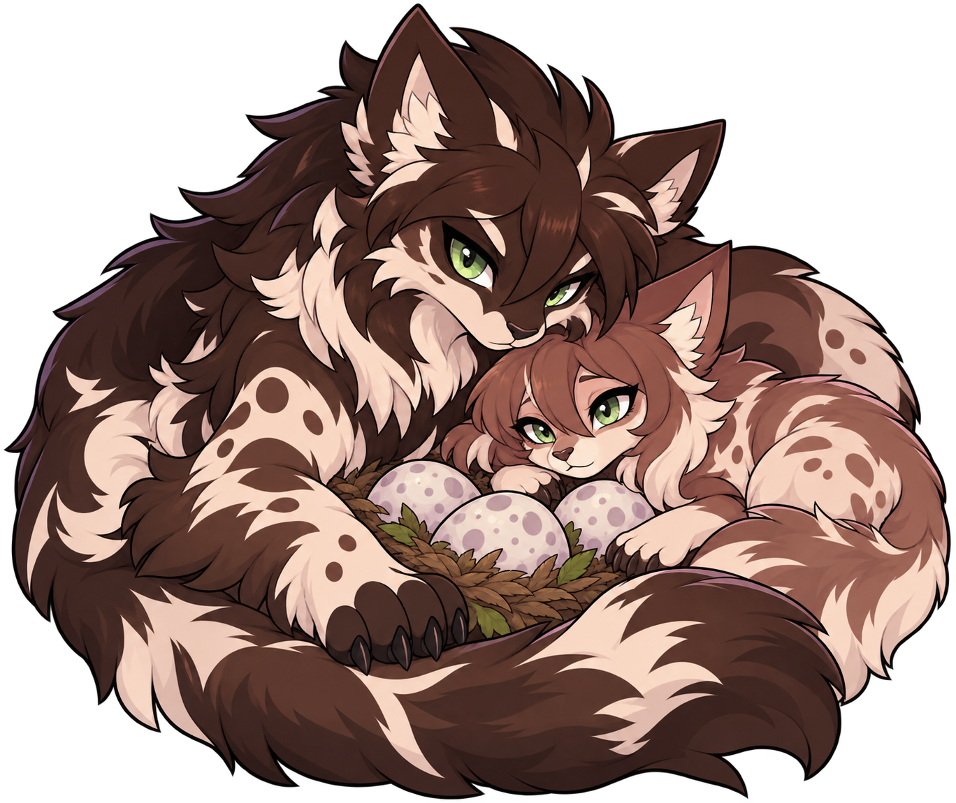 A chocukat family — two proud parents guarding their newly hatched pups in a flowery nest. Click to start breeding.