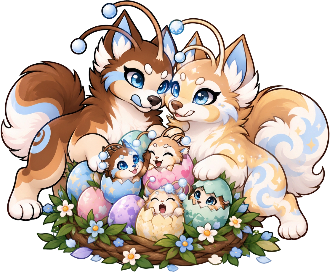 A chocukat family — two proud parents watching over their newly hatched pups in a flowery nest. Click to start breeding.